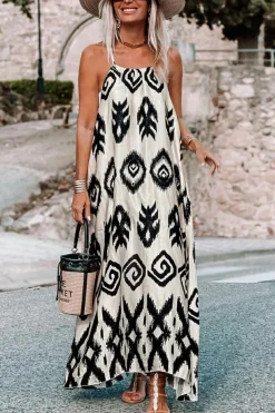 Outlet Dear-Lover Western  Aztec Printed Fashion Vacation Sundress Black