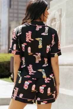Fashion Dear-Lover Western Boots Printed Short Pajama Set Black