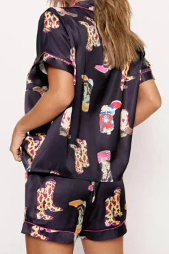 Fashion Dear-Lover Western Boots Printed Short Pajama Set Black