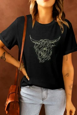 Hot Dear-Lover Western Bull Head Embroidered Pattern T Shirt Black