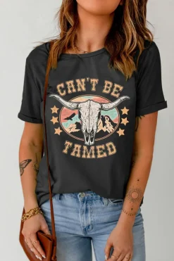 Hot Dear-Lover Western CAN'T BE TAMED Longhorn Graphic T Shirt Black