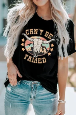 Hot Dear-Lover Western CAN'T BE TAMED Longhorn Graphic T Shirt Black