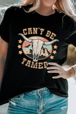 Hot Dear-Lover Western CAN'T BE TAMED Longhorn Graphic T Shirt Black