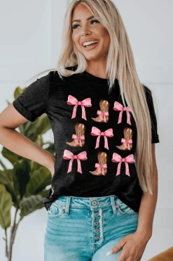 Clearance Dear-Lover Western Cowboy Boots Crew Neck Graphic Tee Black