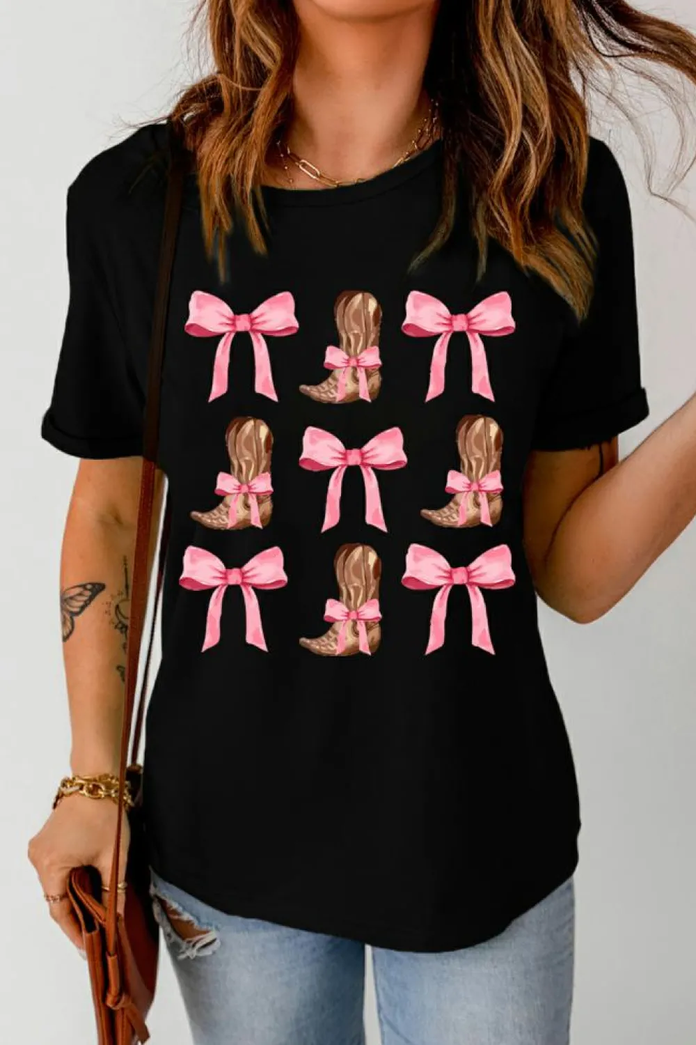Clearance Dear-Lover Western Cowboy Boots Crew Neck Graphic Tee Black
