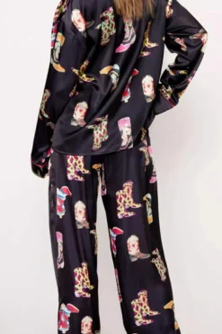 Clearance Dear-Lover Western Cowgirl Boots Printed Satin Long Pajama Set Black
