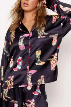 Clearance Dear-Lover Western Cowgirl Boots Printed Satin Long Pajama Set Black