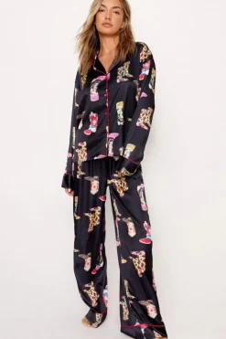 Clearance Dear-Lover Western Cowgirl Boots Printed Satin Long Pajama Set Black