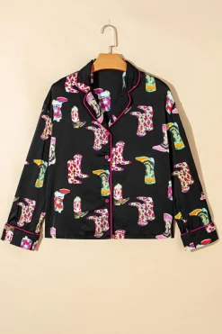 Clearance Dear-Lover Western Cowgirl Boots Printed Satin Long Pajama Set Black