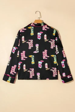 Clearance Dear-Lover Western Cowgirl Boots Printed Satin Long Pajama Set Black