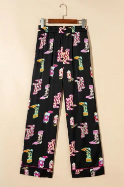 Clearance Dear-Lover Western Cowgirl Boots Printed Satin Long Pajama Set Black