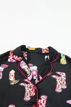 Clearance Dear-Lover Western Cowgirl Boots Printed Satin Long Pajama Set Black