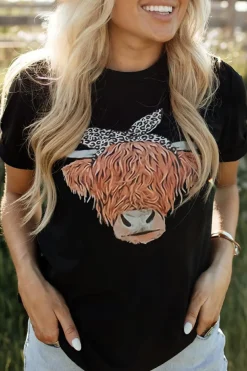 Best Dear-Lover Western Cute Cow Head Printed Graphic Tee Black