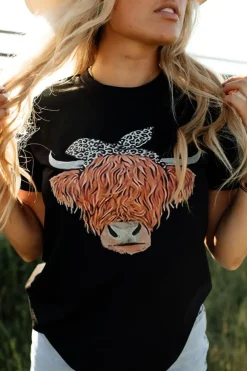 Best Dear-Lover Western Cute Cow Head Printed Graphic Tee Black
