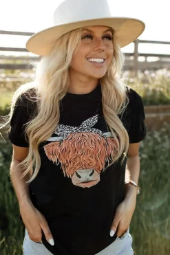 Best Dear-Lover Western Cute Cow Head Printed Graphic Tee Black