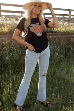 Best Dear-Lover Western Cute Cow Head Printed Graphic Tee Black