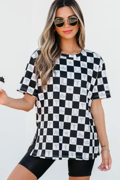 Best Dear-Lover Western Fashion Checkerboard Print Side Split T Shirt Black