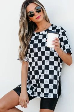 Best Dear-Lover Western Fashion Checkerboard Print Side Split T Shirt Black