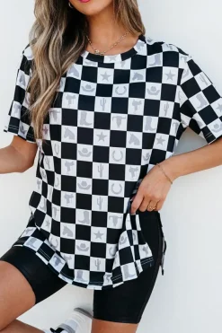 Best Dear-Lover Western Fashion Checkerboard Print Side Split T Shirt Black