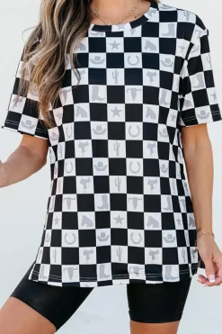 Best Dear-Lover Western Fashion Checkerboard Print Side Split T Shirt Black