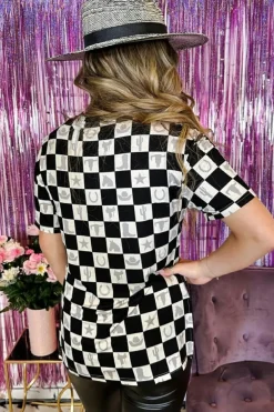 Best Dear-Lover Western Fashion Checkerboard Print Side Split T Shirt Black