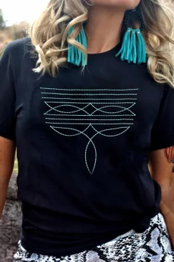 Clearance Dear-Lover Western Fashion Geometric Embroidered T Shirt Black