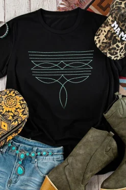 Clearance Dear-Lover Western Fashion Geometric Embroidered T Shirt Black
