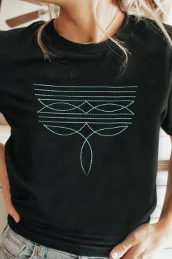 Clearance Dear-Lover Western Fashion Geometric Embroidered T Shirt Black