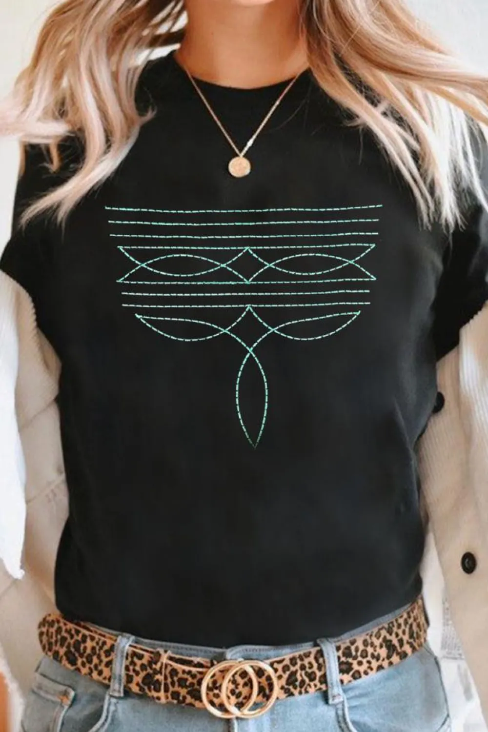 Clearance Dear-Lover Western Fashion Geometric Embroidered T Shirt Black