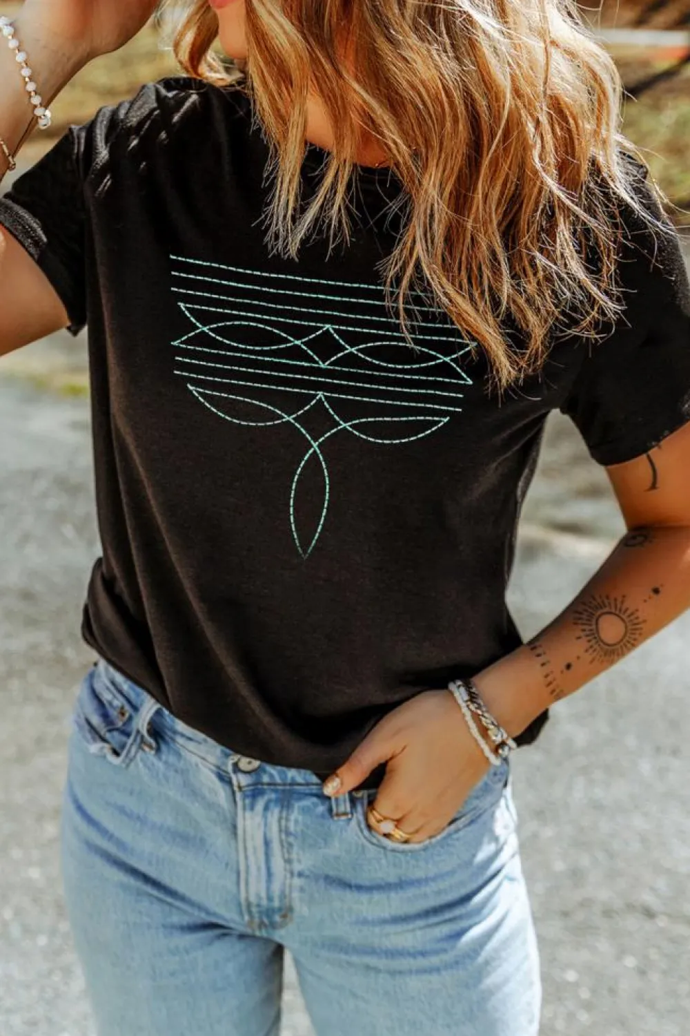 Clearance Dear-Lover Western Fashion Geometric Embroidered T Shirt Black