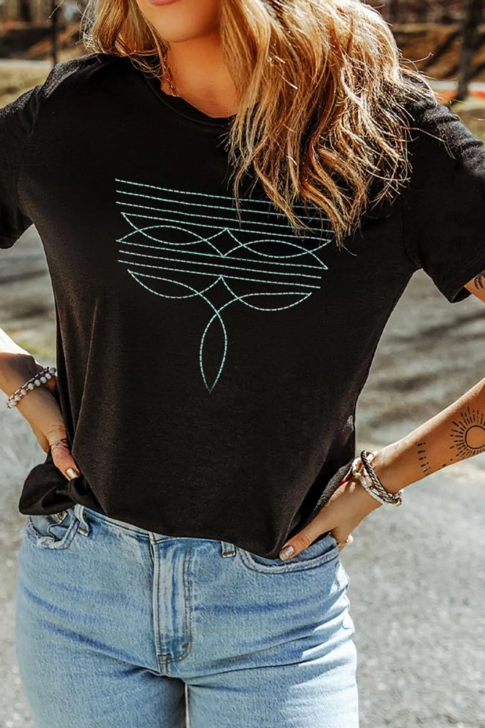 Clearance Dear-Lover Western Fashion Geometric Embroidered T Shirt Black