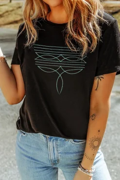 Clearance Dear-Lover Western Fashion Geometric Embroidered T Shirt Black