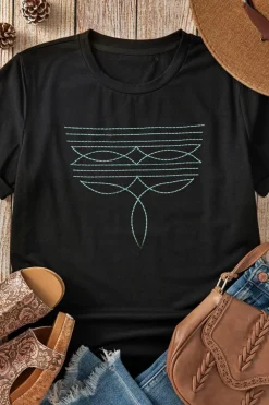 Clearance Dear-Lover Western Fashion Geometric Embroidered T Shirt Black