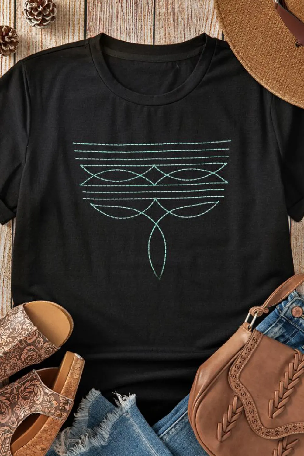 Clearance Dear-Lover Western Fashion Geometric Embroidered T Shirt Black