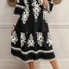 New Dear-Lover Western Geometric Print 3/4 Sleeve Loose Midi Dress Black