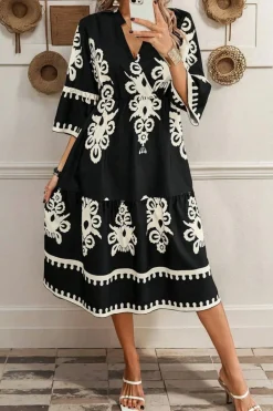 New Dear-Lover Western Geometric Print 3/4 Sleeve Loose Midi Dress Black