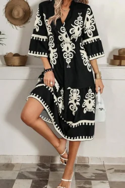 New Dear-Lover Western Geometric Print 3/4 Sleeve Loose Midi Dress Black