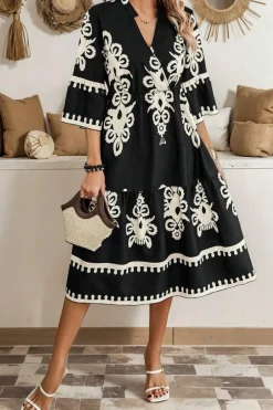 New Dear-Lover Western Geometric Print 3/4 Sleeve Loose Midi Dress Black