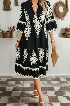 New Dear-Lover Western Geometric Print 3/4 Sleeve Loose Midi Dress Black