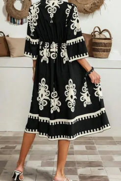 New Dear-Lover Western Geometric Print 3/4 Sleeve Loose Midi Dress Black