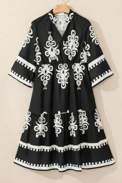 New Dear-Lover Western Geometric Print 3/4 Sleeve Loose Midi Dress Black