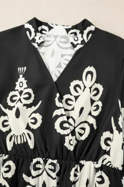 New Dear-Lover Western Geometric Print 3/4 Sleeve Loose Midi Dress Black