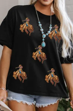 Sale Dear-Lover Western Horse Patched Crew Neck Graphic T Shirt Black
