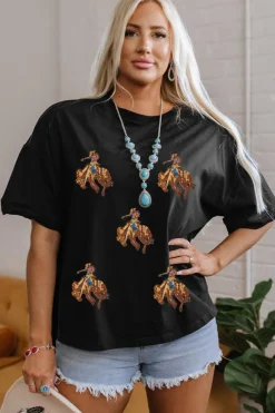 Sale Dear-Lover Western Horse Patched Crew Neck Graphic T Shirt Black