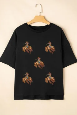 Sale Dear-Lover Western Horse Patched Crew Neck Graphic T Shirt Black