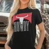 Online Dear-Lover Western HOWDY Steer Head Print Side Slits Loose Fit T Shirt Black