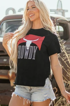 Online Dear-Lover Western HOWDY Steer Head Print Side Slits Loose Fit T Shirt Black