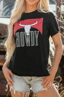 Online Dear-Lover Western HOWDY Steer Head Print Side Slits Loose Fit T Shirt Black