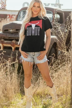 Online Dear-Lover Western HOWDY Steer Head Print Side Slits Loose Fit T Shirt Black