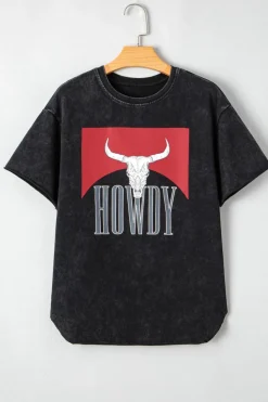 Online Dear-Lover Western HOWDY Steer Head Print Side Slits Loose Fit T Shirt Black